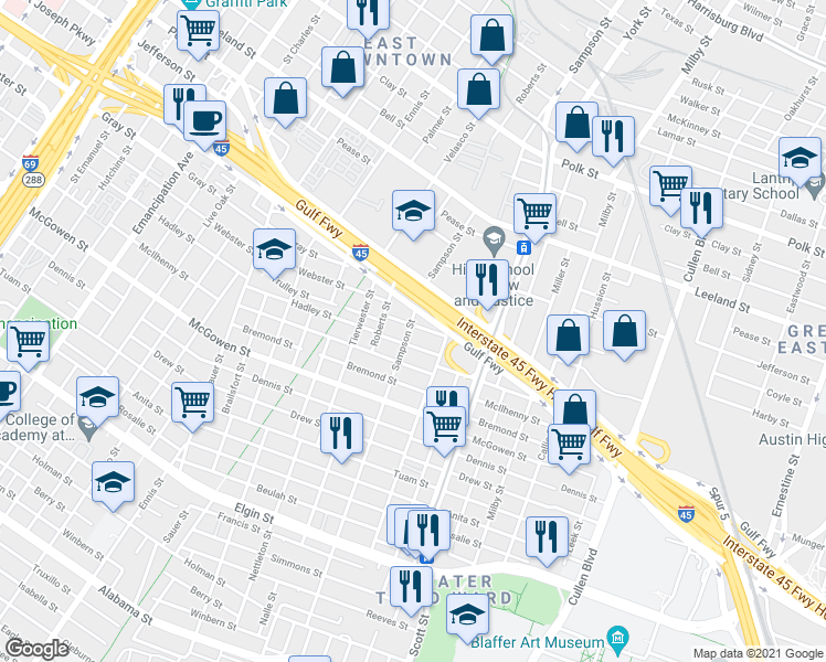 map of restaurants, bars, coffee shops, grocery stores, and more near 2201 Sampson Street in Houston