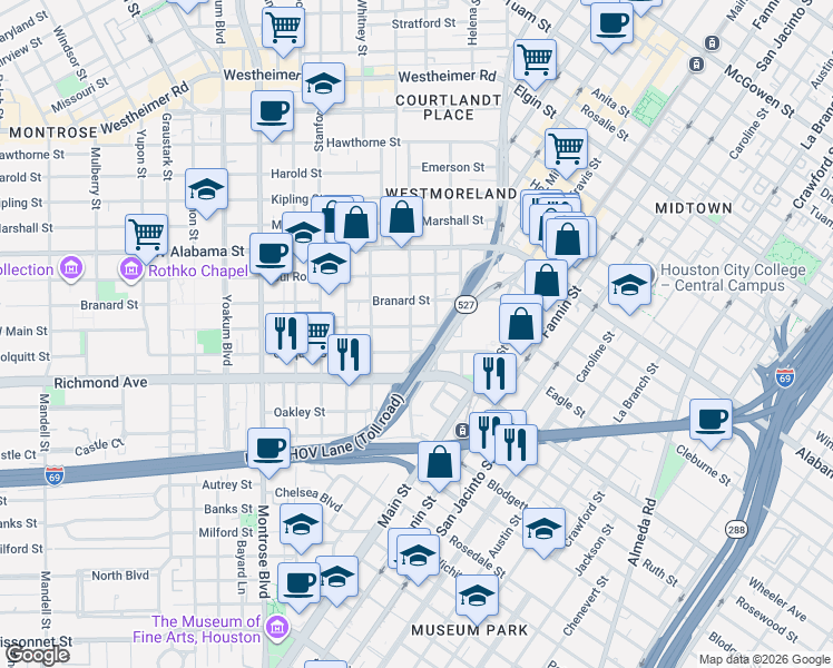 map of restaurants, bars, coffee shops, grocery stores, and more near 417 Colquitt Street in Houston