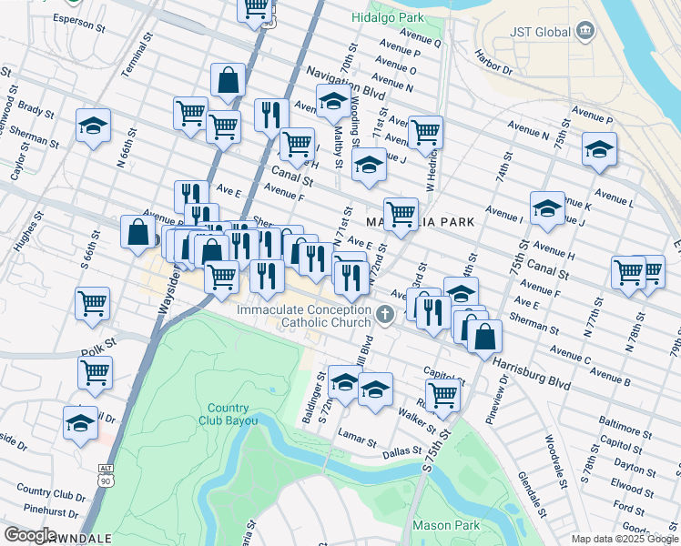 map of restaurants, bars, coffee shops, grocery stores, and more near 7110 Avenue C in Houston