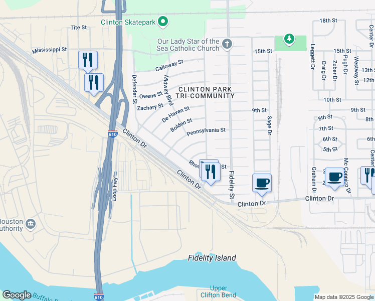 map of restaurants, bars, coffee shops, grocery stores, and more near 114 Armstrong Street in Houston
