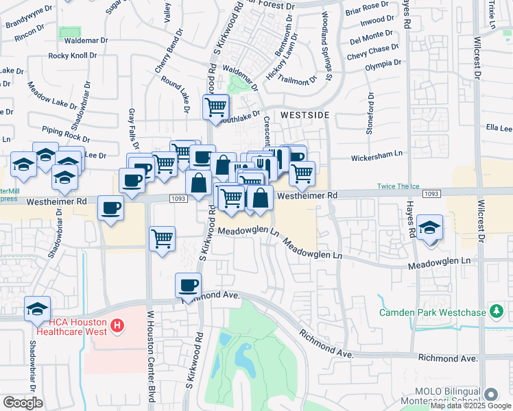 map of restaurants, bars, coffee shops, grocery stores, and more near 11815 Westheimer Road in Houston