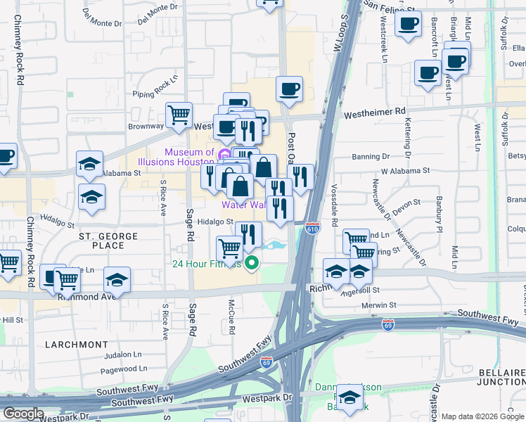 map of restaurants, bars, coffee shops, grocery stores, and more near 2801 Waterwall Drive in Houston