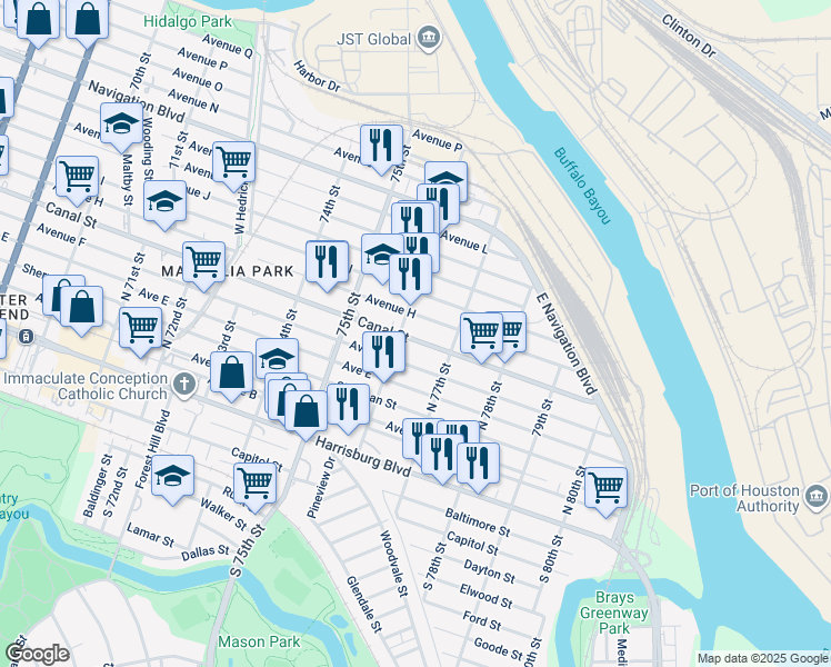 map of restaurants, bars, coffee shops, grocery stores, and more near 7623 Canal Street in Houston