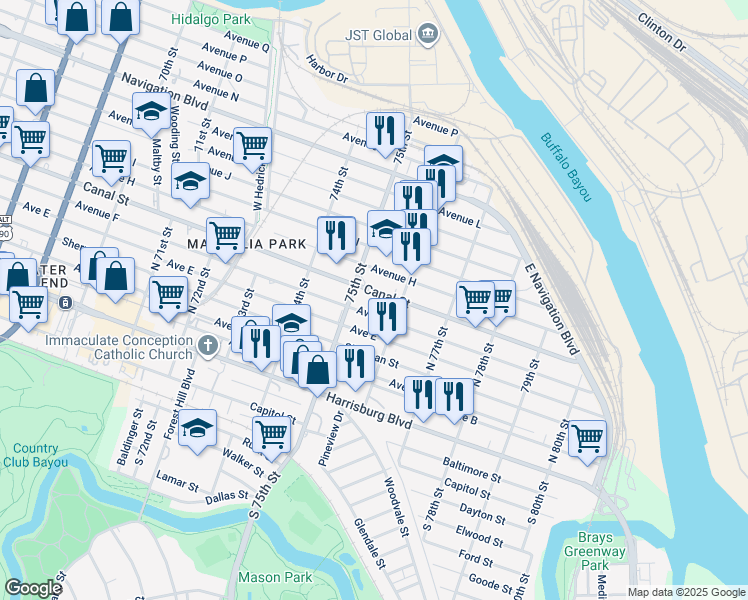 map of restaurants, bars, coffee shops, grocery stores, and more near 7542 Canal Street in Houston