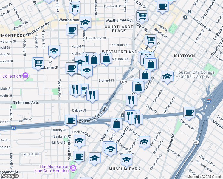 map of restaurants, bars, coffee shops, grocery stores, and more near 417 Colquitt Street in Houston