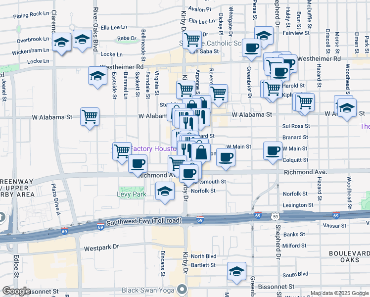 map of restaurants, bars, coffee shops, grocery stores, and more near 3201 Kirby Drive in Houston