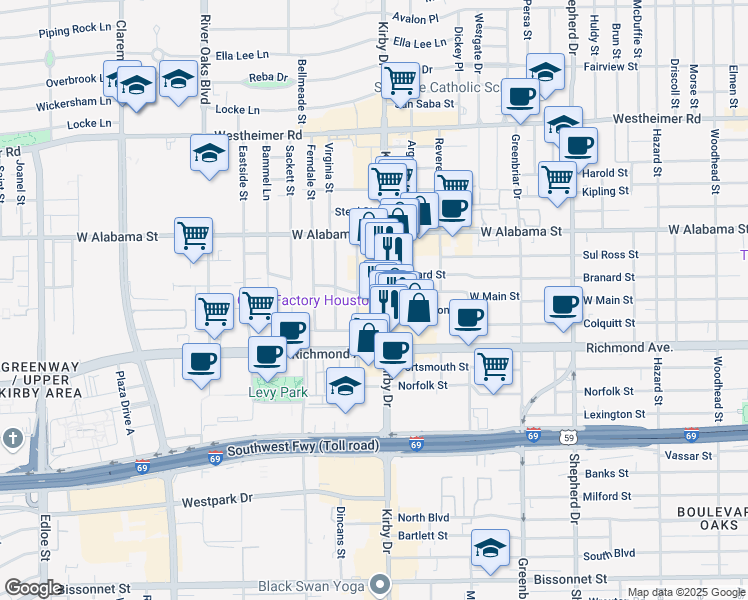 map of restaurants, bars, coffee shops, grocery stores, and more near 3200 Kirby Drive in Houston