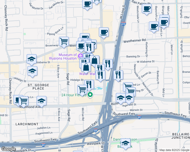 map of restaurants, bars, coffee shops, grocery stores, and more near 2801 Waterwall Drive in Houston