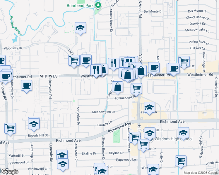 map of restaurants, bars, coffee shops, grocery stores, and more near 2808 Stoney Brook Drive in Houston
