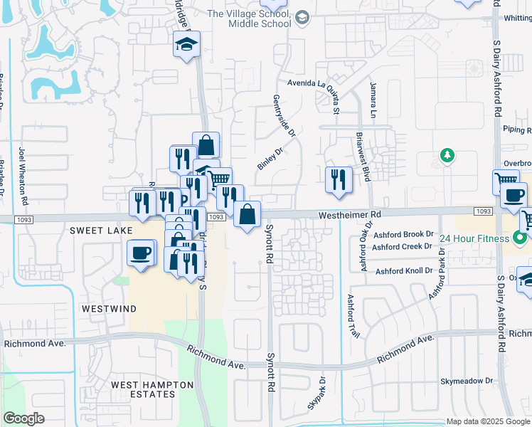 map of restaurants, bars, coffee shops, grocery stores, and more near 13111 Westheimer Road in Houston