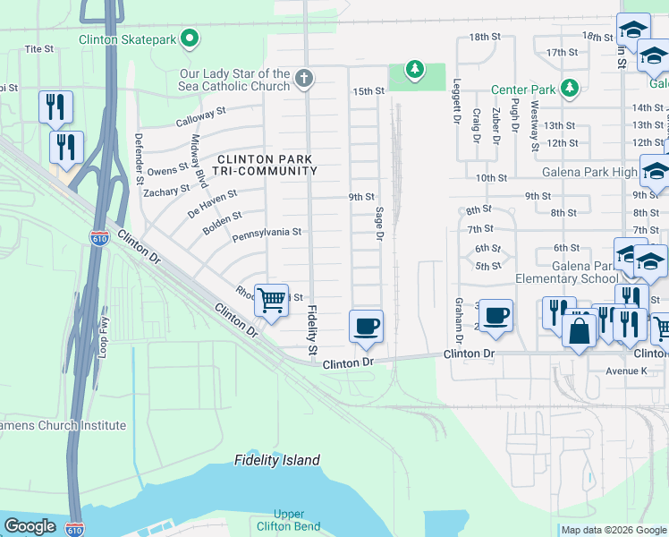 map of restaurants, bars, coffee shops, grocery stores, and more near 420 Gans Street in Houston