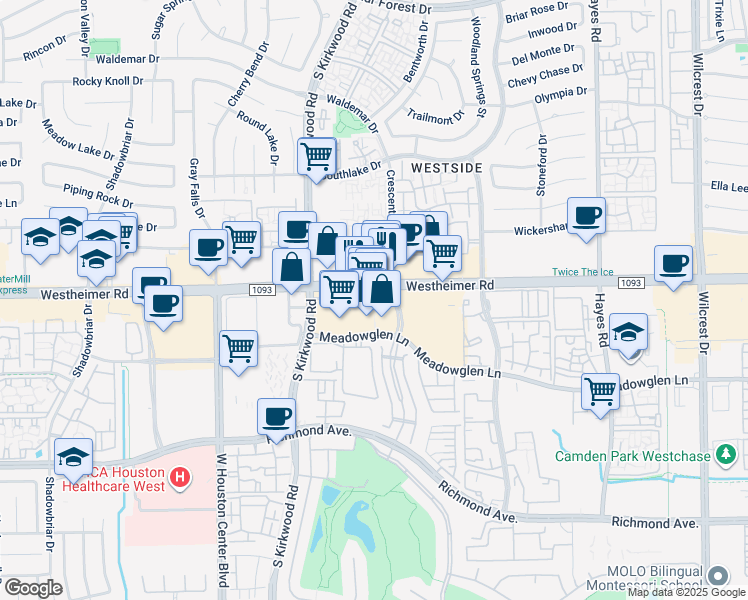 map of restaurants, bars, coffee shops, grocery stores, and more near 11805 Westheimer Road in Houston