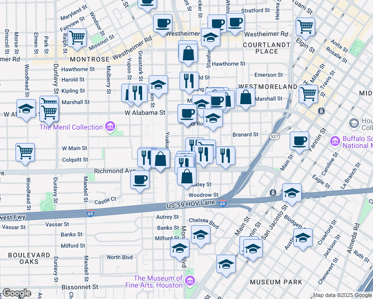 map of restaurants, bars, coffee shops, grocery stores, and more near 4101 Montrose Boulevard in Houston
