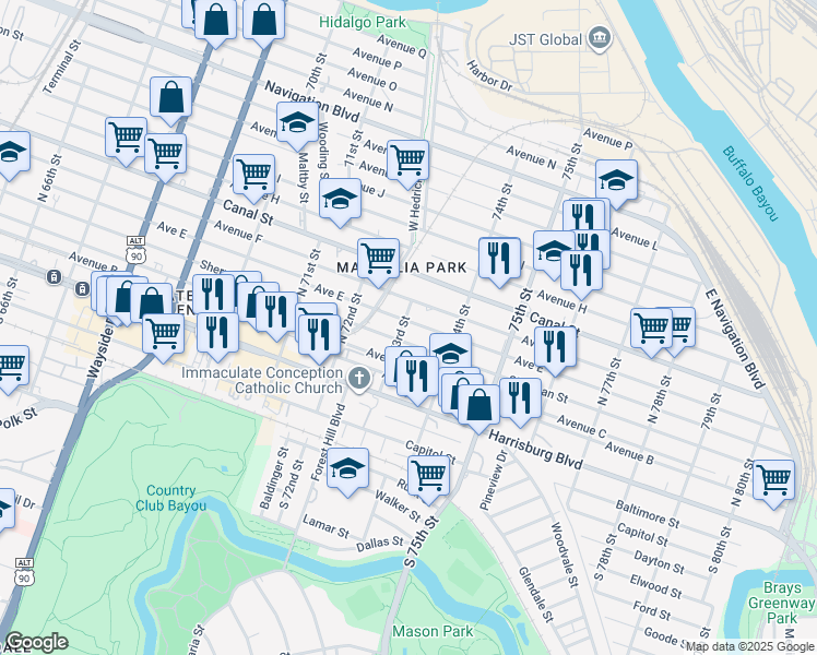map of restaurants, bars, coffee shops, grocery stores, and more near 408 73rd St in Houston