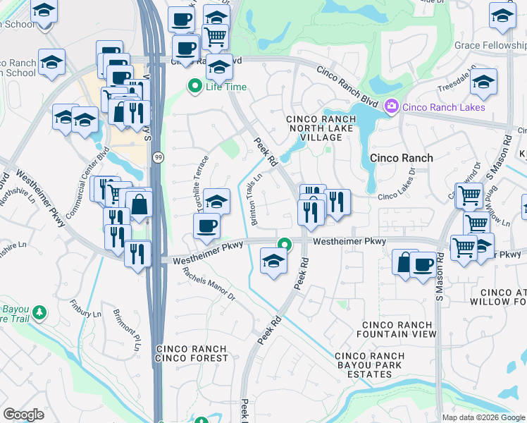 map of restaurants, bars, coffee shops, grocery stores, and more near 3407 Baden Oaks Court in Katy