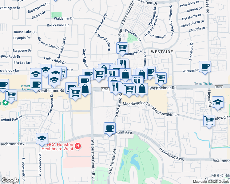 map of restaurants, bars, coffee shops, grocery stores, and more near in Houston