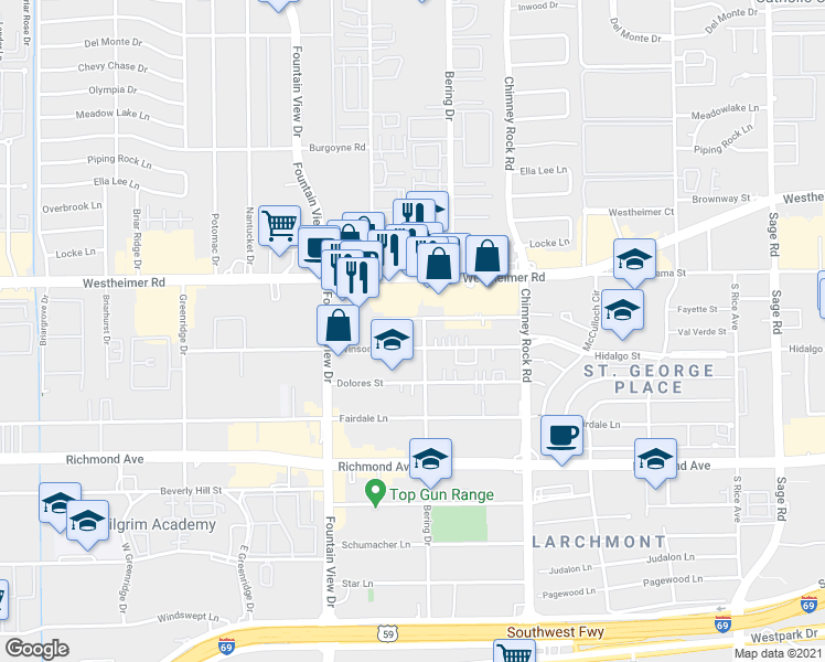 map of restaurants, bars, coffee shops, grocery stores, and more near 2815 Val Verde Court in Houston