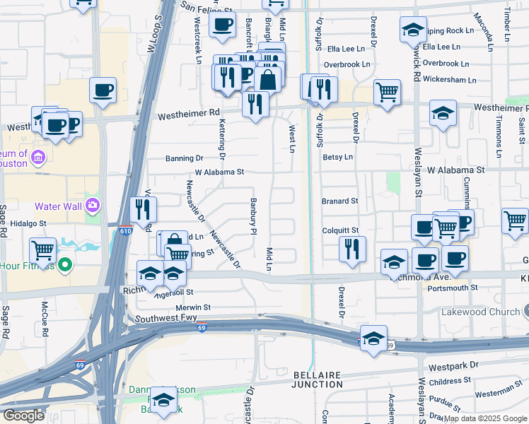 map of restaurants, bars, coffee shops, grocery stores, and more near 3110 Mid Lane in Houston