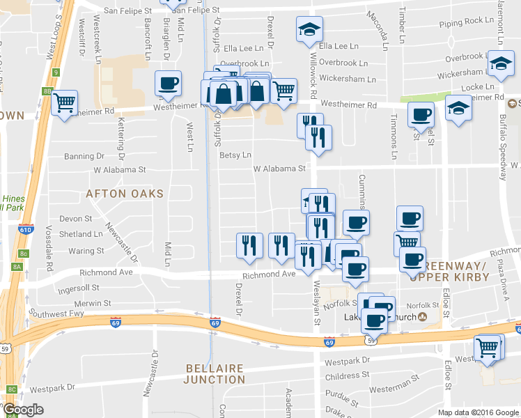 map of restaurants, bars, coffee shops, grocery stores, and more near 3215 Drexel Drive in Houston