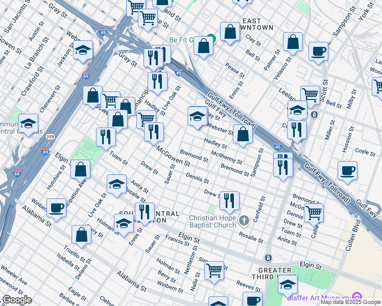 map of restaurants, bars, coffee shops, grocery stores, and more near 2409 Brailsfort Street in Houston