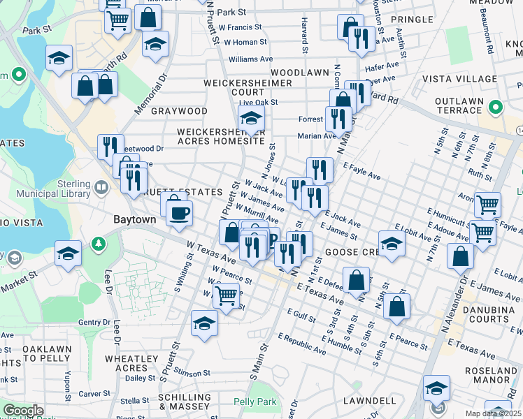 map of restaurants, bars, coffee shops, grocery stores, and more near 407 N Gaillard St in Baytown