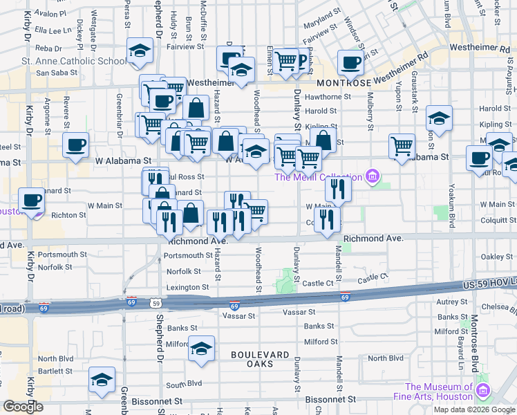 map of restaurants, bars, coffee shops, grocery stores, and more near West Main Street & Woodhead Street in Houston