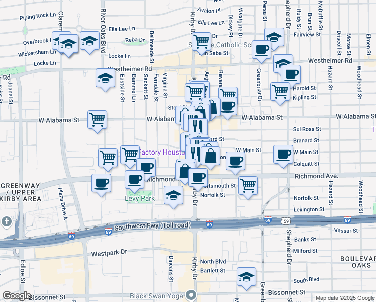 map of restaurants, bars, coffee shops, grocery stores, and more near 3200 Kirby Drive in Houston