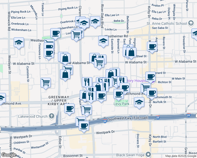 map of restaurants, bars, coffee shops, grocery stores, and more near 3314 W Main St in Houston