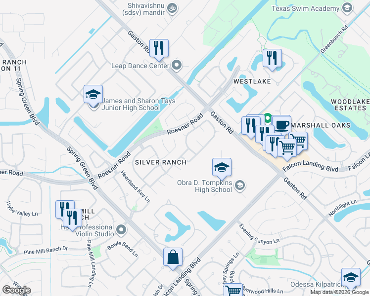 map of restaurants, bars, coffee shops, grocery stores, and more near 3614 Morning Gale Lane in Katy