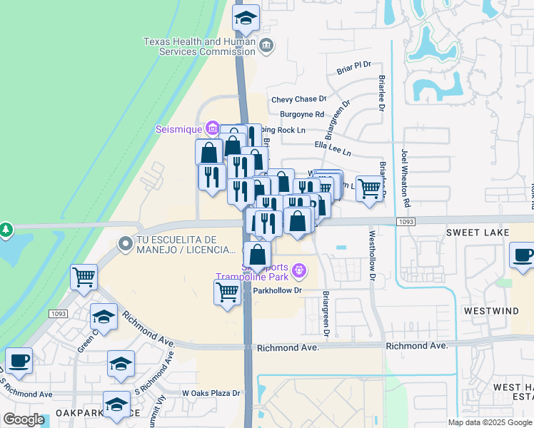 map of restaurants, bars, coffee shops, grocery stores, and more near 14564-14598 Farm to Market Road 1093 in Houston