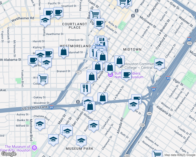 map of restaurants, bars, coffee shops, grocery stores, and more near 4003 Fannin Street in Houston