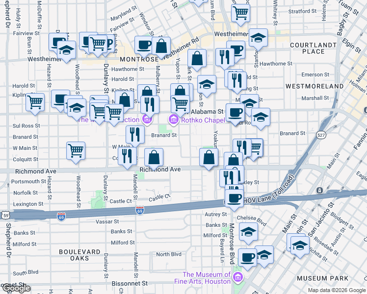 map of restaurants, bars, coffee shops, grocery stores, and more near 4103 Yupon Street in Houston