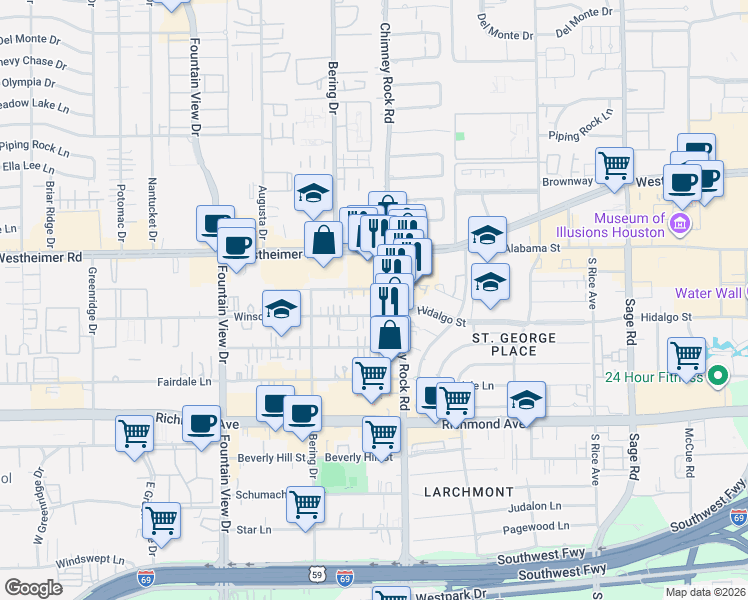 map of restaurants, bars, coffee shops, grocery stores, and more near 5616 Winsome Lane in Houston