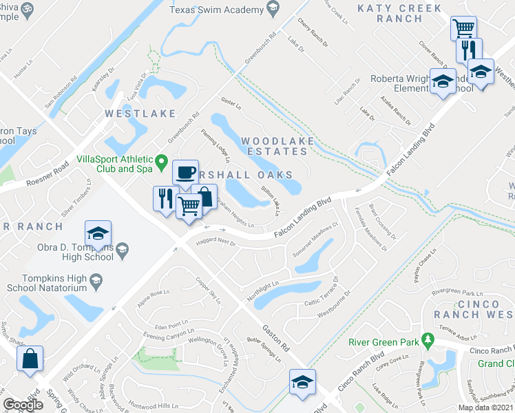 map of restaurants, bars, coffee shops, grocery stores, and more near 3330 Willowfork Place in Katy