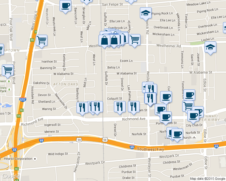 map of restaurants, bars, coffee shops, grocery stores, and more near 4022 West Main Street in Houston