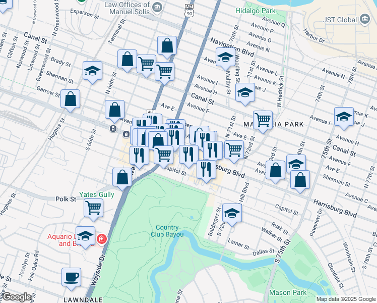 map of restaurants, bars, coffee shops, grocery stores, and more near 6949 Harrisburg Boulevard in Houston