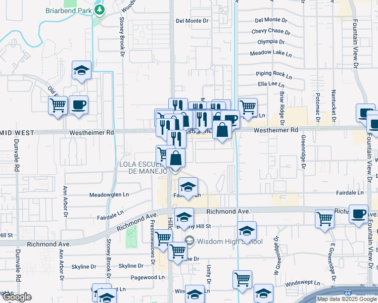 map of restaurants, bars, coffee shops, grocery stores, and more near 6505 Westheimer Road in Houston
