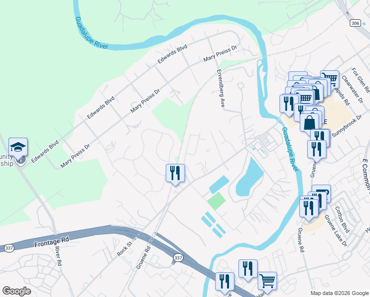 map of restaurants, bars, coffee shops, grocery stores, and more near 1008 Carriage Loop in New Braunfels