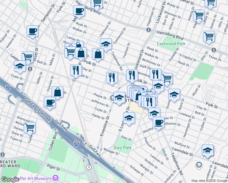 map of restaurants, bars, coffee shops, grocery stores, and more near in Houston