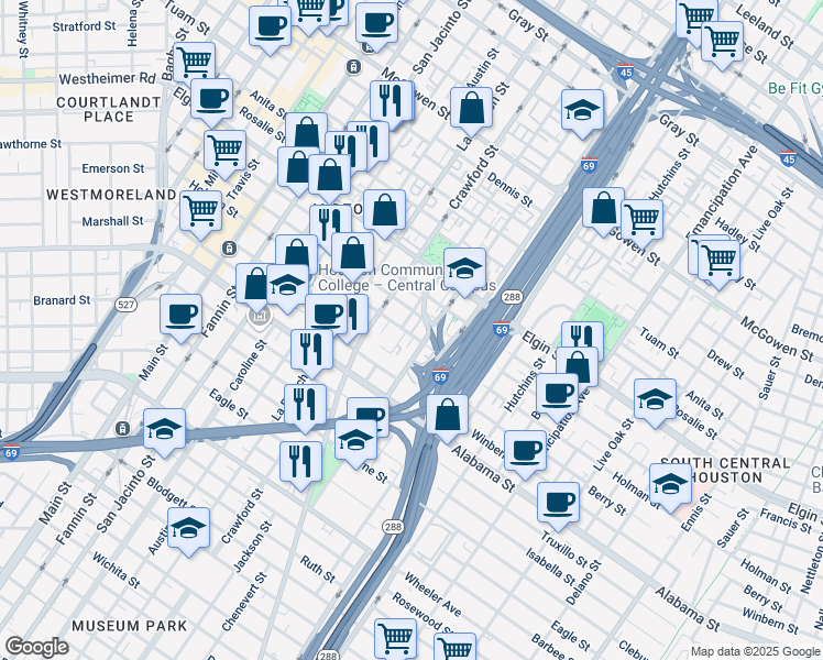 map of restaurants, bars, coffee shops, grocery stores, and more near 3400 Chenevert Street in Houston