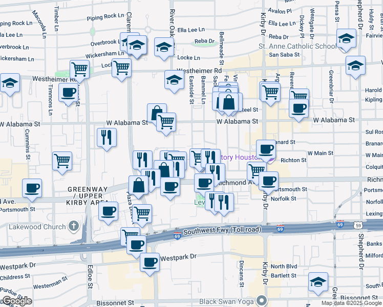 map of restaurants, bars, coffee shops, grocery stores, and more near 3310 Eastside Street in Houston