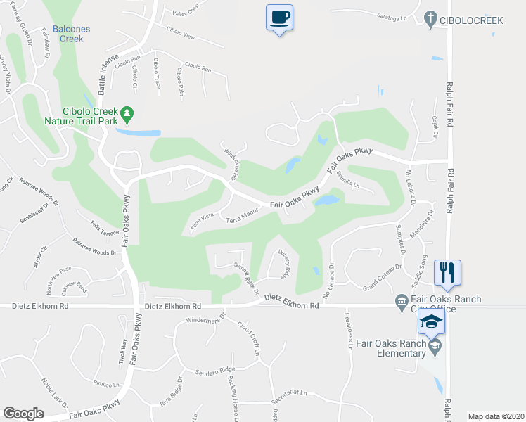 map of restaurants, bars, coffee shops, grocery stores, and more near 7702 Terra Manor in Boerne