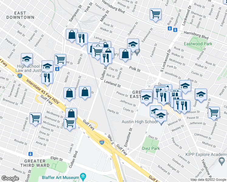 map of restaurants, bars, coffee shops, grocery stores, and more near Pease St & Sidney St in Houston