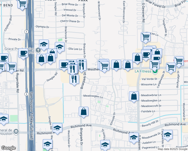 map of restaurants, bars, coffee shops, grocery stores, and more near 9999 Westheimer Road in Houston