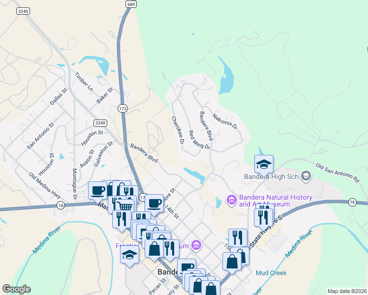 map of restaurants, bars, coffee shops, grocery stores, and more near 244 Cherokee Drive in Bandera