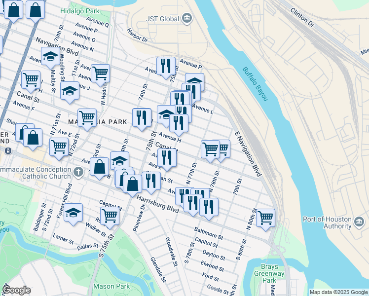 map of restaurants, bars, coffee shops, grocery stores, and more near 7623 Canal Street in Houston
