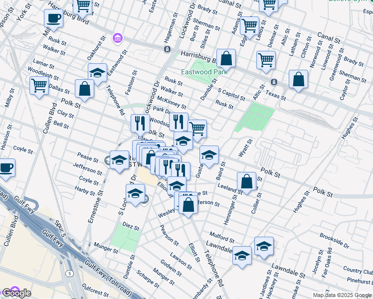 map of restaurants, bars, coffee shops, grocery stores, and more near 4924 Polk Street in Houston