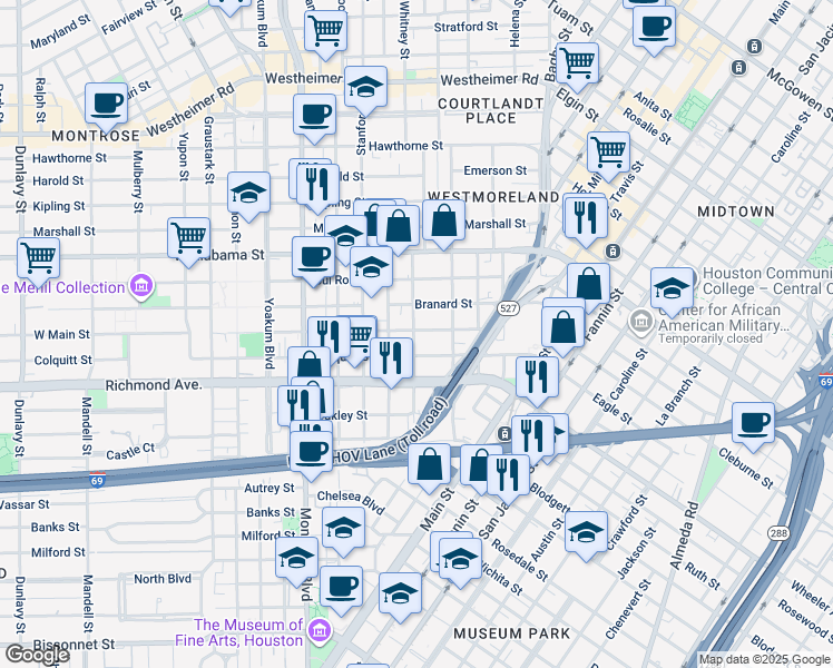 map of restaurants, bars, coffee shops, grocery stores, and more near 515 West Main Street in Houston