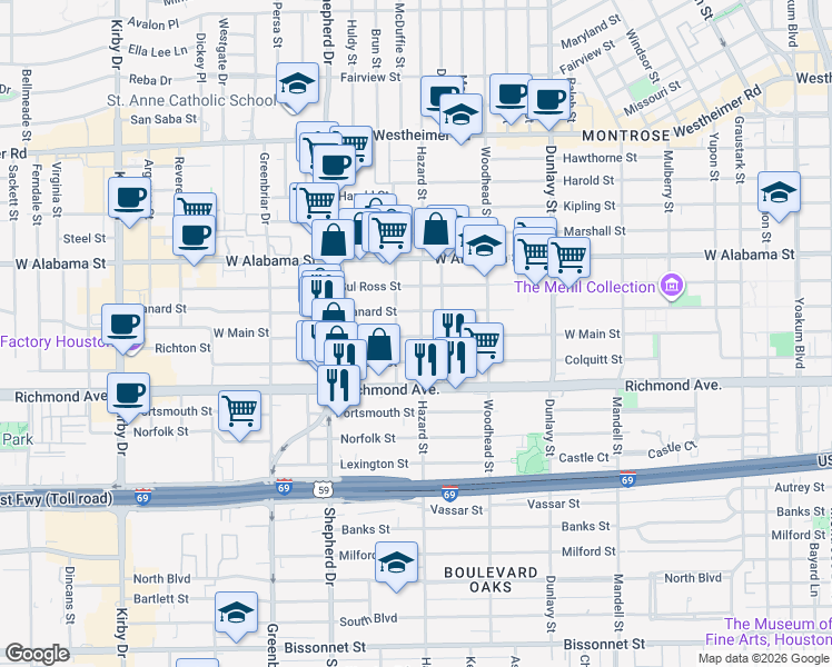 map of restaurants, bars, coffee shops, grocery stores, and more near 1912 West Main Street in Houston