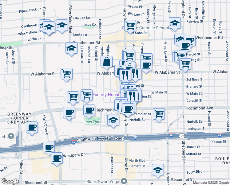 map of restaurants, bars, coffee shops, grocery stores, and more near 3200 Kirby Drive in Houston